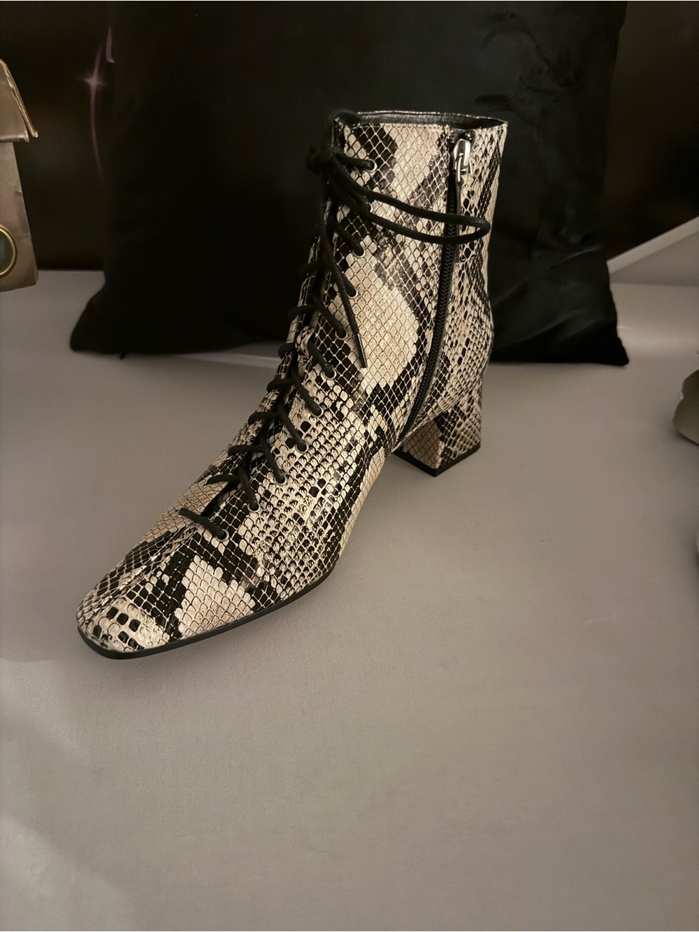 Paolo Snake-Print Lace-Up Block Heel Ankle Boot - Black & White